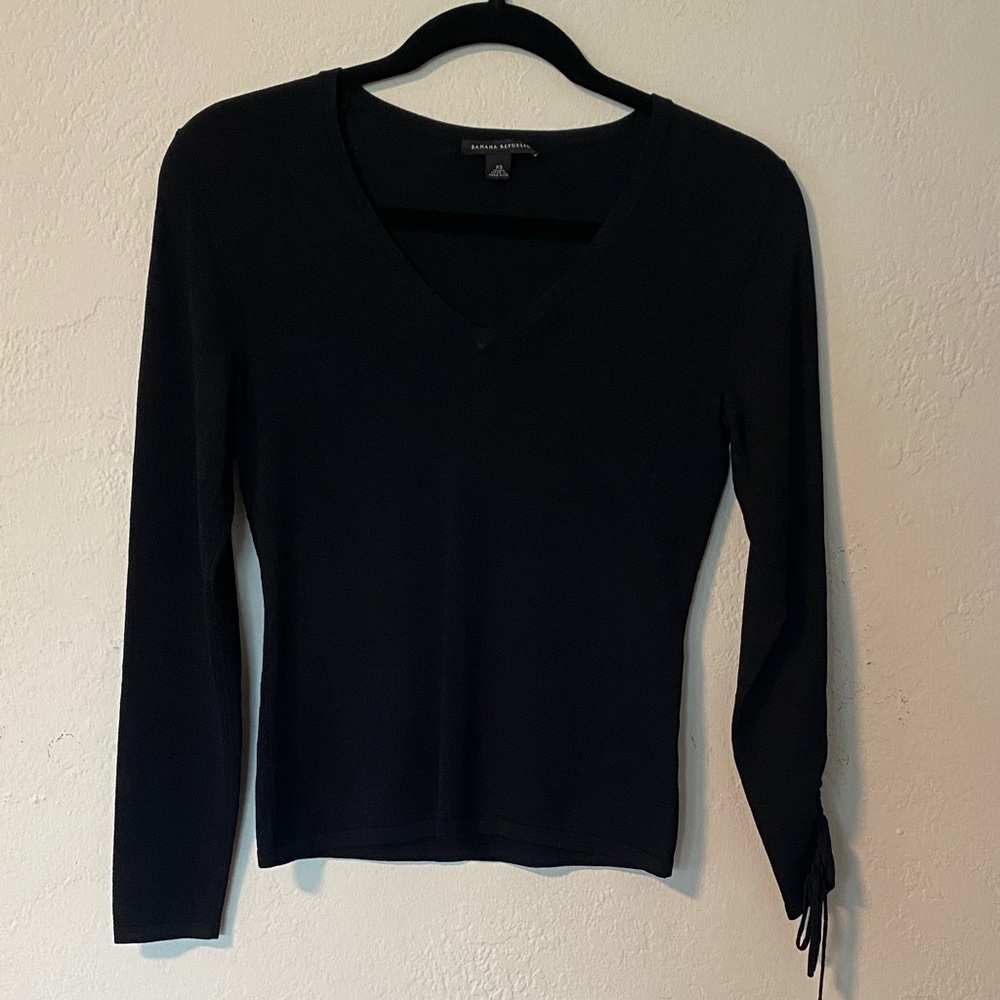 Banana Republic Black Long Sleeve Knit Top with Asymmetrical Braided Sleeve